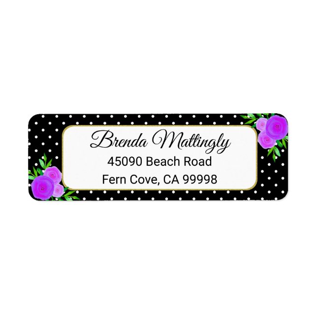 Étiquette Black Watercolor Purple Floral Dots Adresse de ret (Devant)