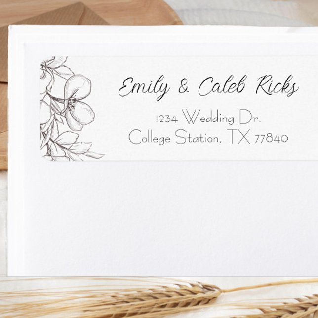 Étiquette Black & White Floral Line Art Adresse de retour (black and white script wedding return address label flower)