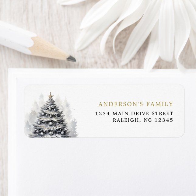 Étiquette Black & White Gold Christmas Tree Party (En situation)