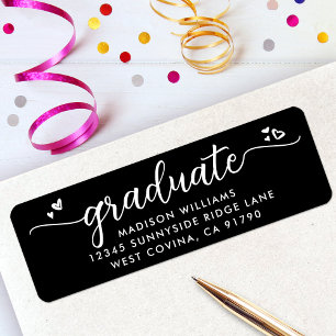 Étiquette Black White Graduation Script Coeur Adresse modern