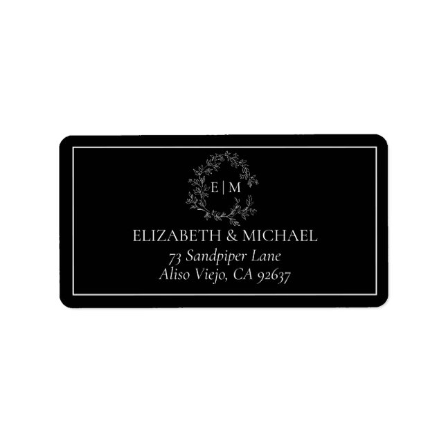 Étiquette Black White Leafy Crest Monogram Adresse du Mariag (Devant)