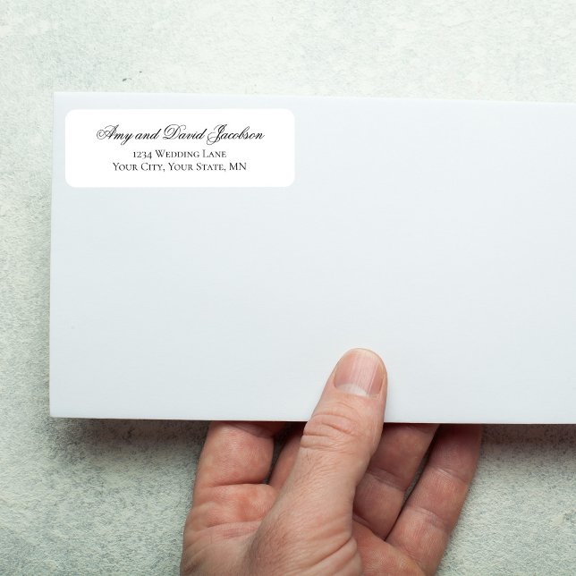 Étiquette Black White Script Wedding Return Address (Black and white script return address label on envelope with simple calligraphy)