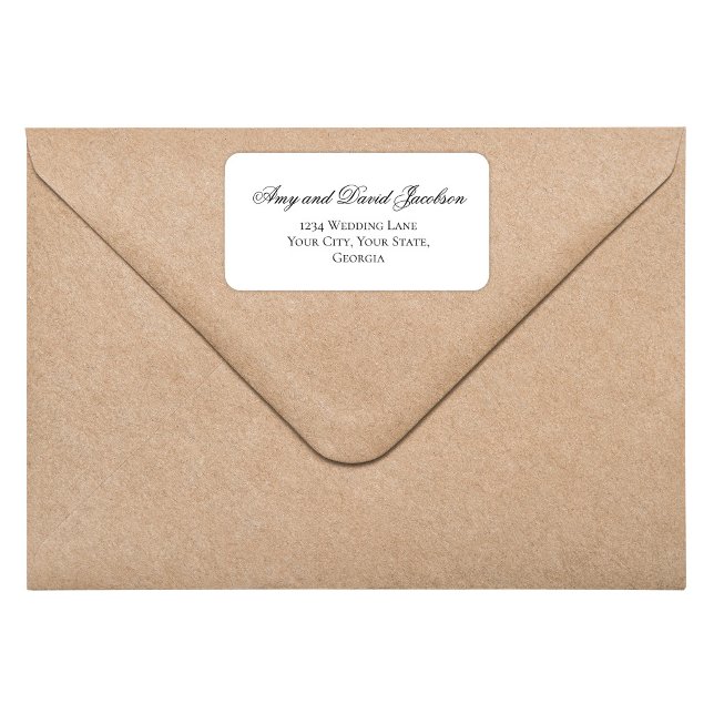 Étiquette Black White Script Wedding Return Address (Black and white script return address label on envelope, elegant minimalist wedding style)