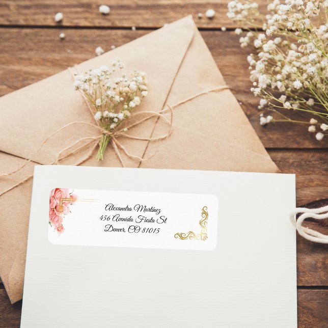 Étiquette Blanc Élégant Rose Rose Simple Or Quinceañera (Créateur téléchargé)