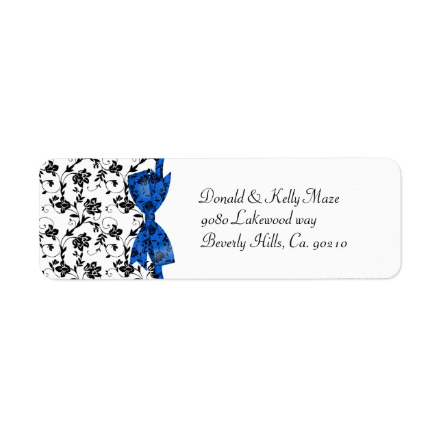 Étiquette Blanc noir et bleu Mariage Satin Floral (Devant)