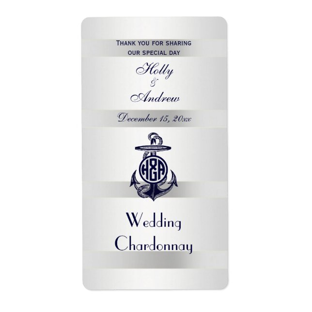 Étiquette Bleu Ancre Argent Blanc Marine Monogramme 33 (Devant)