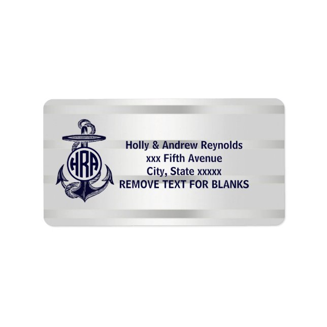 Étiquette Bleu Ancre Argent Blanc Marine Monogramme 33 (Devant)