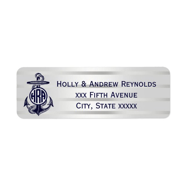 Étiquette Bleu Ancre Argent Blanc Marine Monogramme 33 (Devant)