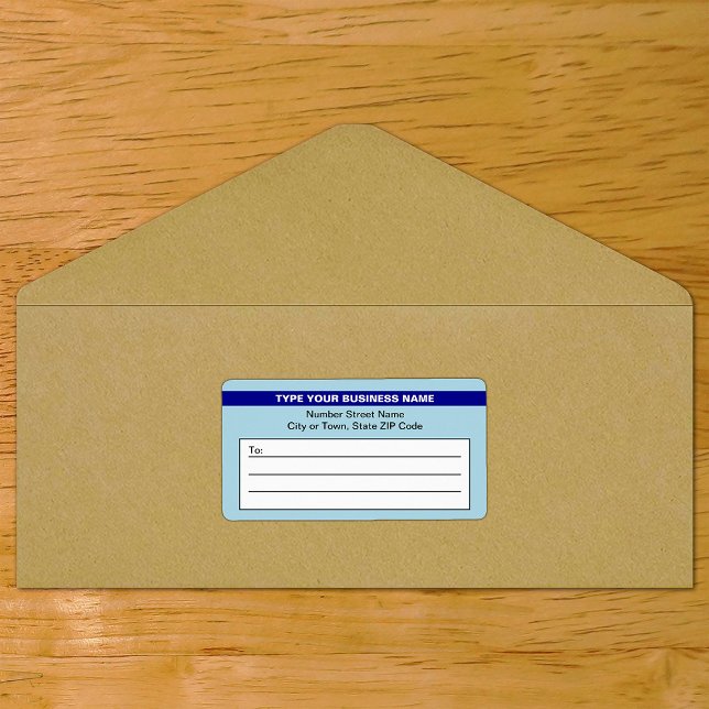 Étiquette Bleu clair avec nom de l'entreprise en surbrillanc (Light blue shipping label with your highlighted brand on envelope)