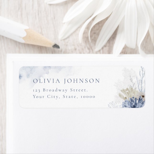 Étiquette Bleu corail & coquillages plage thème Retour Adres (En situation)