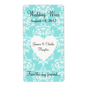 Étiquette bleu de vin de mariage damassé d'Aqua