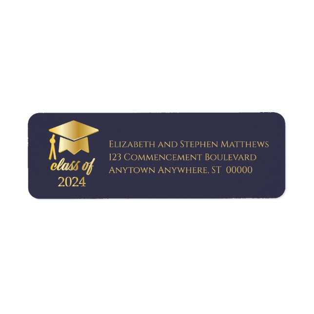 Étiquette Bleu Dk | Gold Class of 2024 Graduation Cap (Devant)