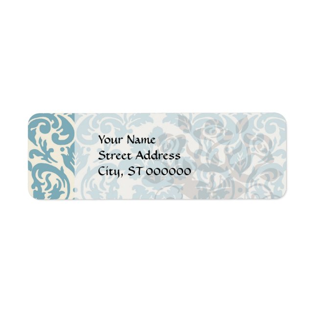 Étiquette bleu et crème damassé fleuri motif (Devant)