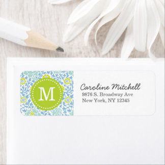 Étiquette Bleu et vert Retro Floral Damask Custom Monogramme