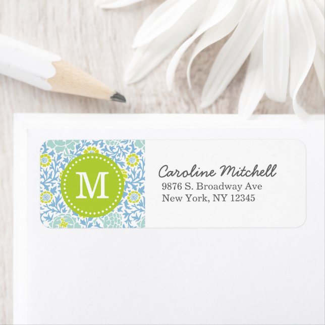 Étiquette Bleu et vert Retro Floral Damask Custom Monogramme (En situation)