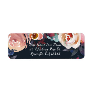 Étiquette Bleu foncé et rose blush aquarelle florale mariage