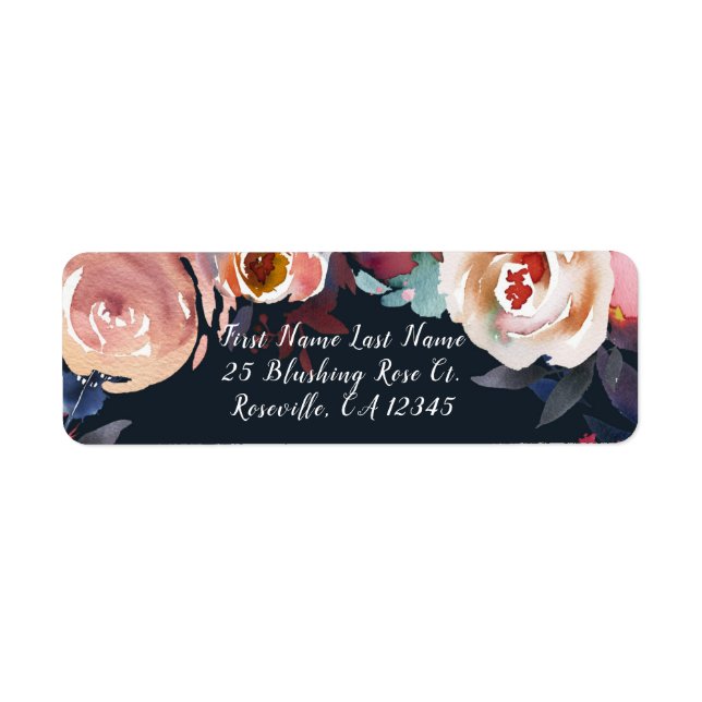Étiquette Bleu foncé et rose blush aquarelle florale mariage (Devant)