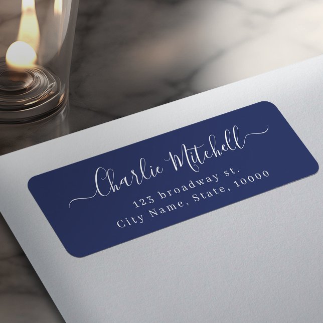 Étiquette Bleu marine élégant moderne écriture adresse de re (Navy Blue Modern elegant script return address Label)