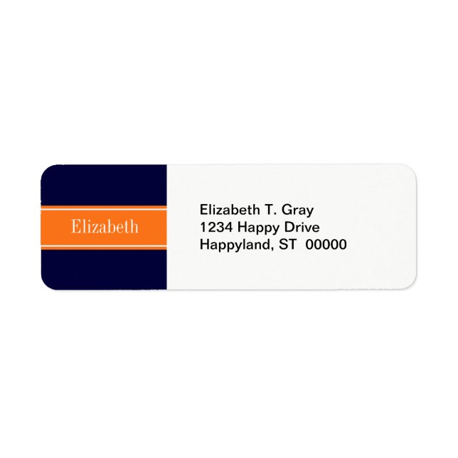 Étiquette Bleu marine uni, monogramme avec ruban citrouille (Devant)