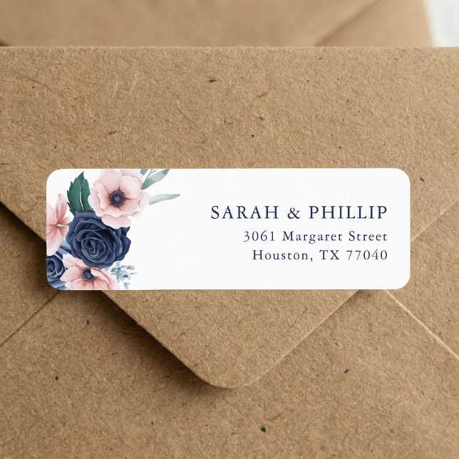 Étiquette Bleu Nuit & Fleurs Rose Retour Adresse  (Navy blue and blush floral return address label adds polished style to every envelope.)