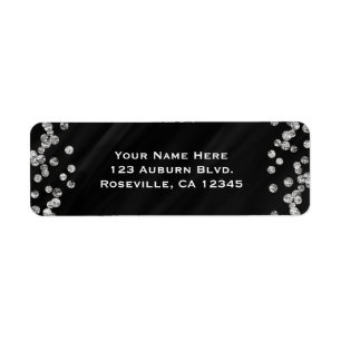 Étiquette Bling Diamant Noir & Argent Paillettes Fête Glamou