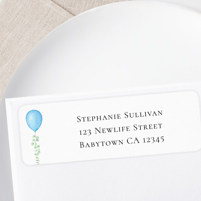 Étiquette Blue Balloon Eucalyptus Baby Shower Return Address (Créateur téléchargé)