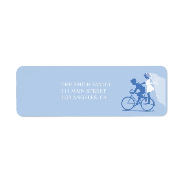 Étiquette Blue Bicycle Couple Mariage Adresse de retour (Devant)