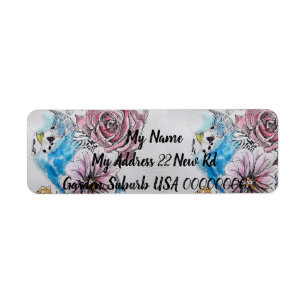 Étiquette Blue Budgie Rose Aquarelle Retourner l'adresse Éti