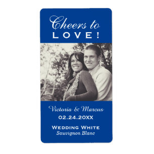 Étiquette Blue Cheers to Love Mariage Photo Bouteille de vin
