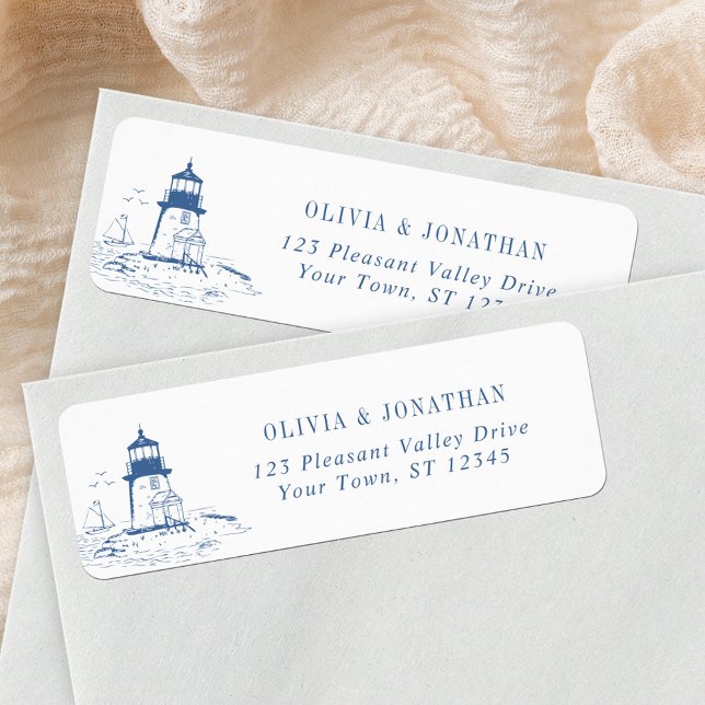 Étiquette Blue Coastal Lighthouse Wedding Return Address (Créateur téléchargé)