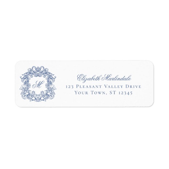 Étiquette Blue Elegant Crest Monogram Wedding Return Address (Devant)