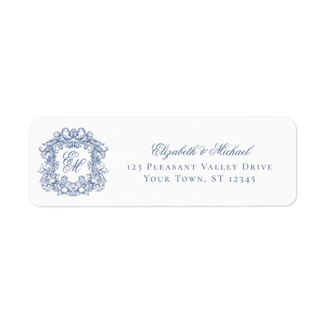 Étiquette Blue Elegant Monogram Crest Wedding Return Address (Devant)