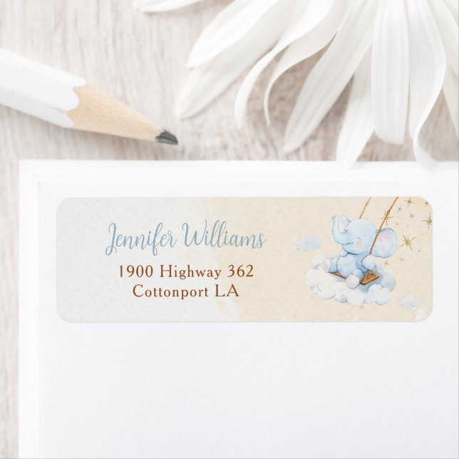 Étiquette Blue Elephant Baby Shower Return Address Label (En situation)