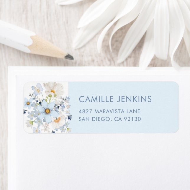 Étiquette Blue Floral Bridal Shower Return Address Label (En situation)
