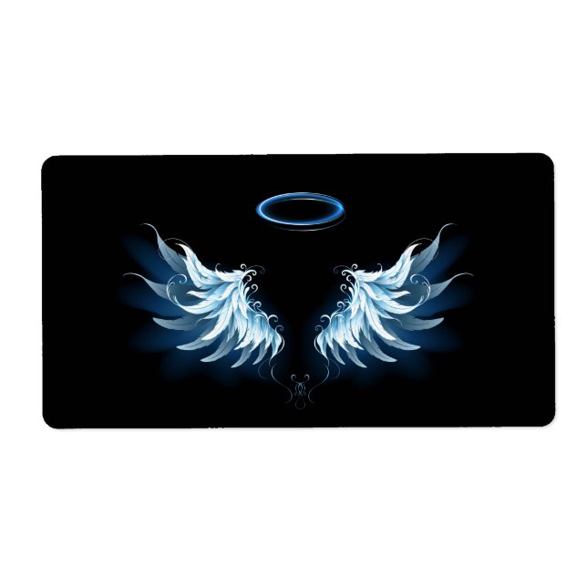 Étiquette Blue Glowing Angel Wings on black background (Devant)