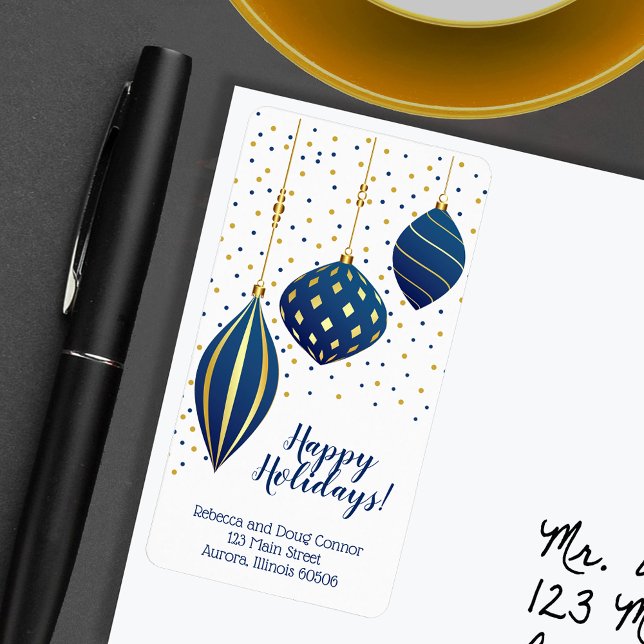 Étiquette Blue Gold Christmas Ornaments and Dots Holiday (Blue and gold Christmas tree ornaments holiday return address labels)