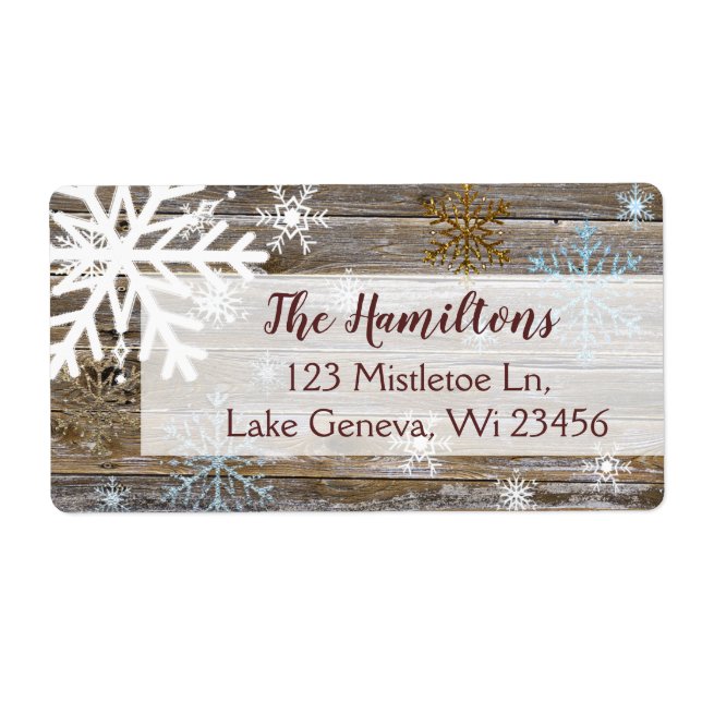 Étiquette Blue Gold Snowflake et bois Noël ou vacances (Devant)