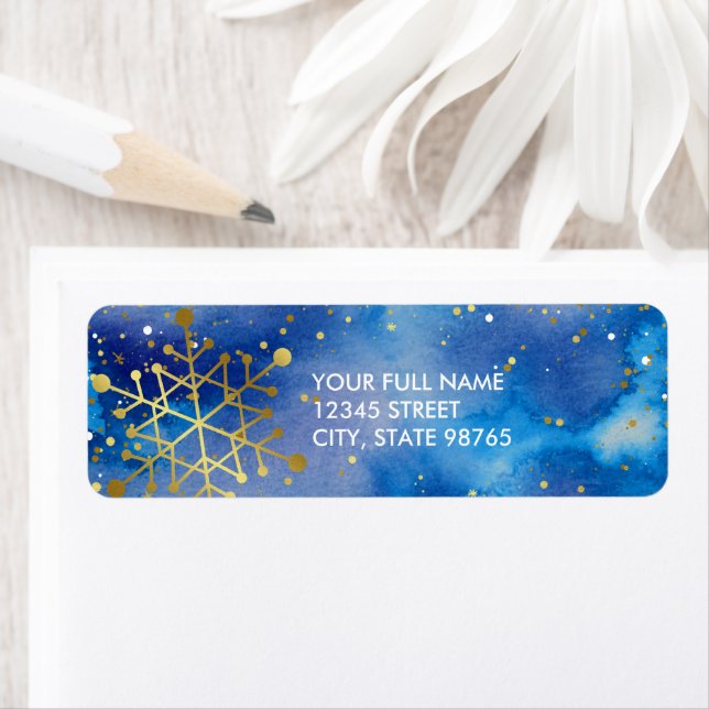 Étiquette Blue Gold Watercolor Snowflon Adresse de retour (En situation)