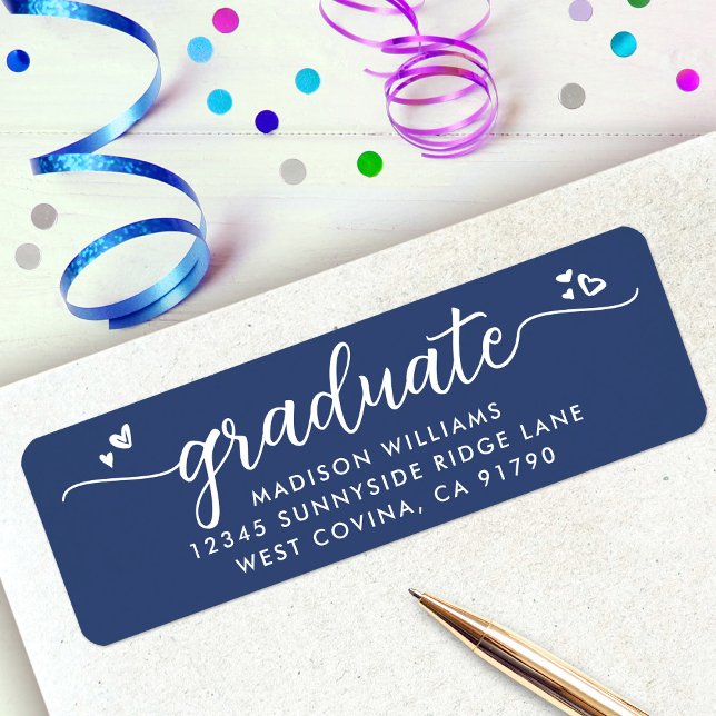 Étiquette Blue Graduation Script Coeurs Bold Modern Address (Créateur téléchargé)