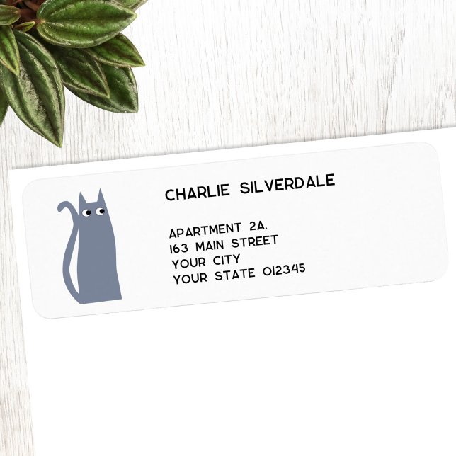 Étiquette Blue Gray Cat Return Address (Fun blue gray grey kitty cat personalized return address label)