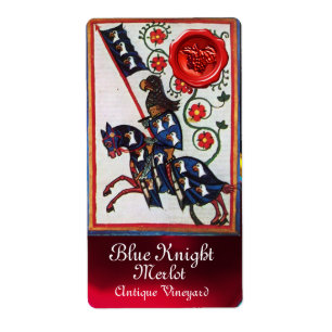 ÉTIQUETTE BLUE KNIGHT HORSEBACK WINE LABEL ,RED WAX SEAL