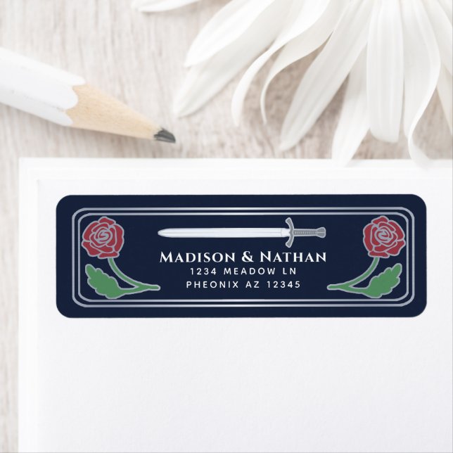 Étiquette Blue Medieval Fantasy Silver Sword Wedding Label (En situation)