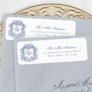 Étiquette Blue Monogram Crest Elegant Wedding Adresse de ret