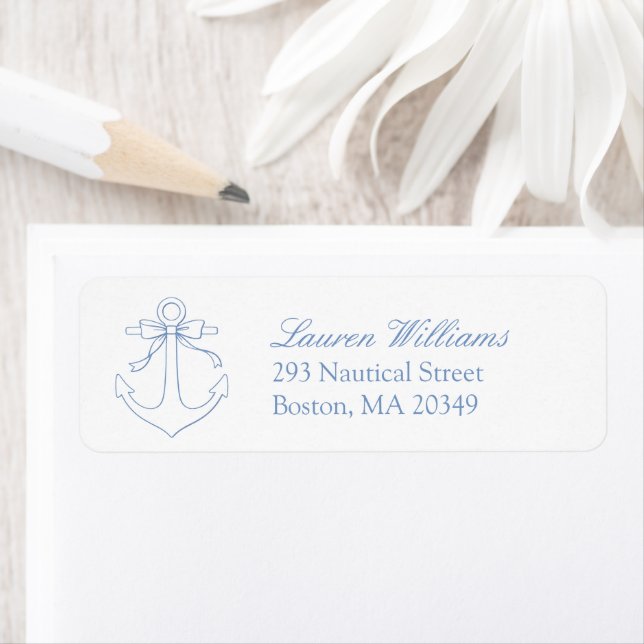 Étiquette Blue Nautical Anchor Bow Elegant Return Address (En situation)
