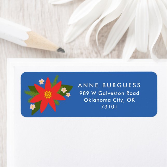 Étiquette Blue Poinsettia Christmas Holiday Mail Label