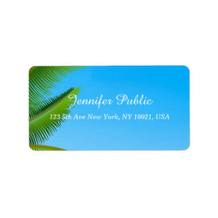 Étiquette Blue Sky Palm Feuilles Élégant Modèle de script ma