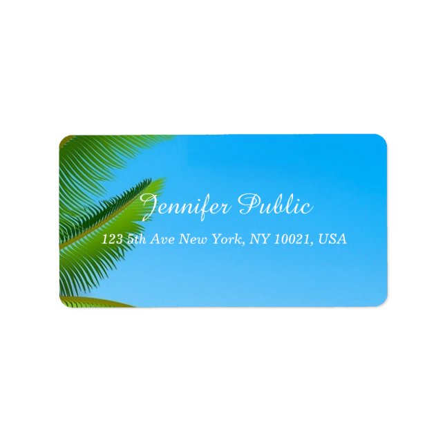 Étiquette Blue Sky Palm Feuilles Élégant Modèle de script ma (Devant)