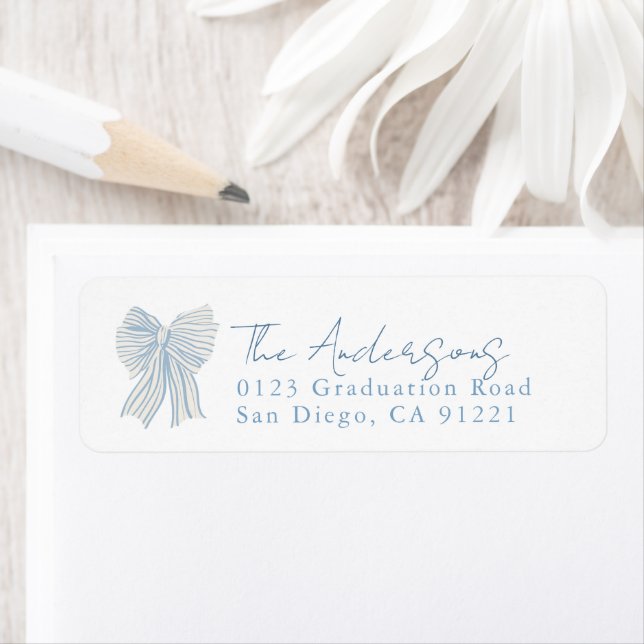 Étiquette Blue Stripe Bow Ribbon Return Address (En situation)