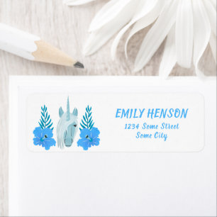 Étiquette Blue Unicorn Flower Floral Return Address