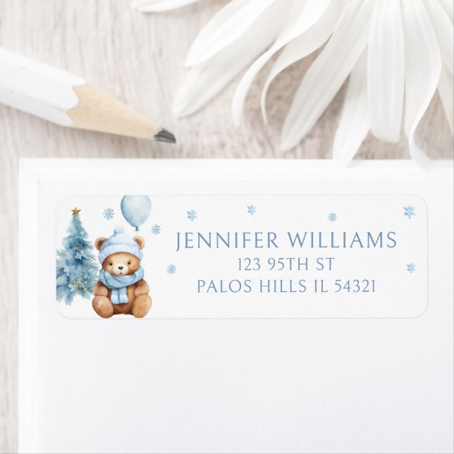 Étiquette Blue Winter Teddy Bear Baby Shower Return Address (En situation)